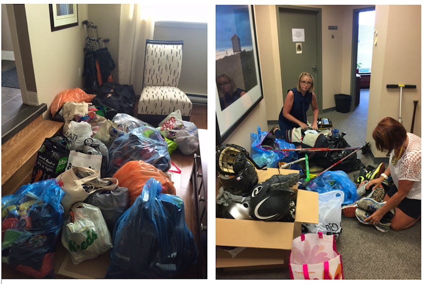 Right photo: Susan Matthews (left) and Doreen Shapter (right), two of the founding members of Taking Strides, an organization that solicits, collects and helps distribute sporting goods, equipment and sneakers to organizations in order for youth throughout the region to be able to participate in sports and activities, sort items they collected last year in their annual equipment drive which is slated this year for Monday, June 11. Left photo: Matthews’ living room was filled in 2017 with equipment donated by the public