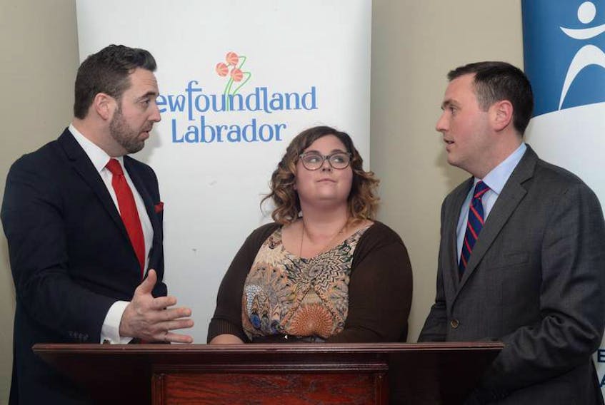 Justice and Public Safety Minister Andrew Parsons (left) chats with Nicole Kieley, executive director of the Newfoundland and Labrador Sexual Assault Crisis and Prevention Centre, and lawyer Kevin O’Shea, executive director of the Public Legal Information Association of Newfoundland and Labrador in 2018.