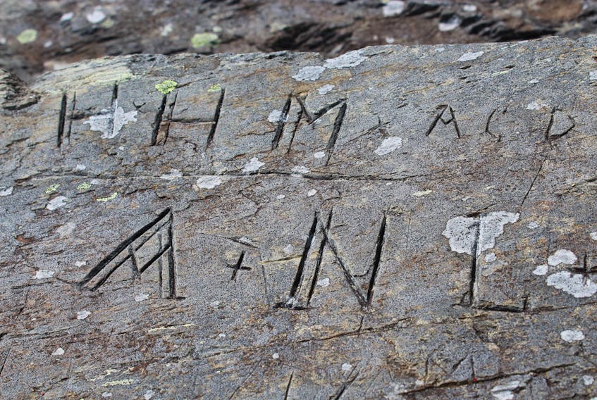 These carvings were discovered on a rock on “The Mount” area just a short distance down the road from the Regina Mundi Complex in Renews-Cappahayden. They appear to be carved in medieval Latin and could be from around 500 AD.