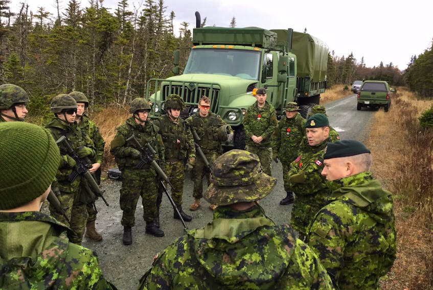 Submitted photo. — 
Brigadier-General Derek Macaulay, commander of the 5th Canadian Division, speaks with soldiers from 37 Combat Engineer Regiment during a weekend training exercise in St. John’s over the weekend.