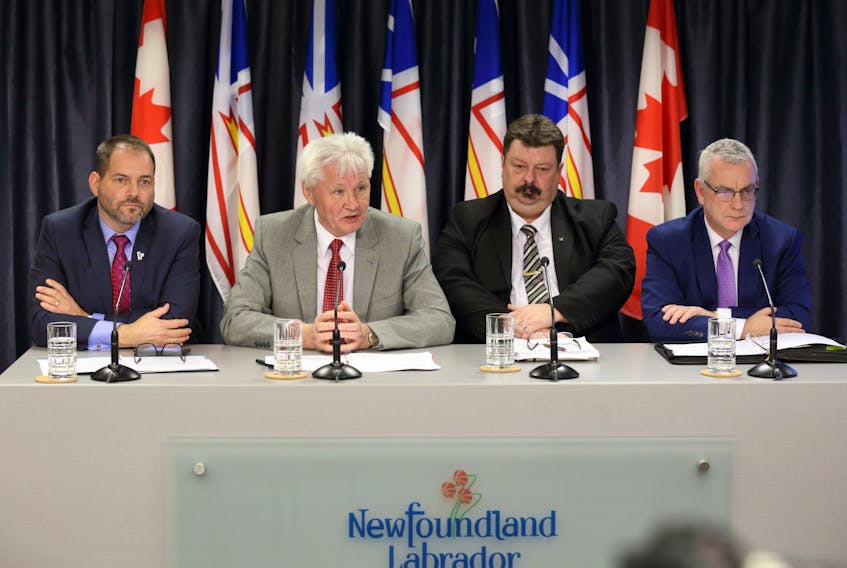 From left, Municipalities NL president Tony Keats, Municipal Affairs Minister Eddie Joyce, Professional Municipal Administrators president Brian Peckford and St. John’s Mayor Danny Breen at a news conference Wednesday.