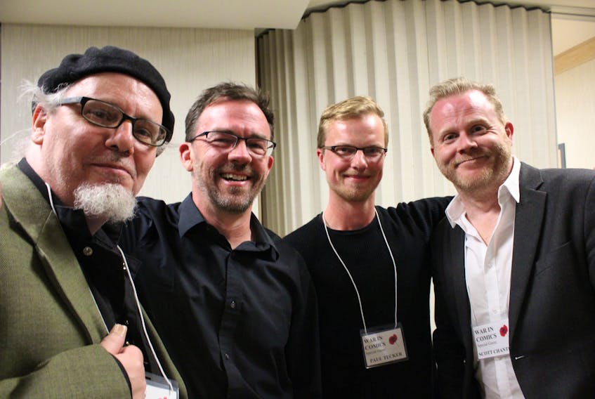 Four of the five artists whose work is on display spoke at the opening reception of the War in Comics exhibition Thursday evening at CFS St. John’s. From left: Wallace Ryan, Jason Lutes, Paul Tucker, and Scott Chantler.