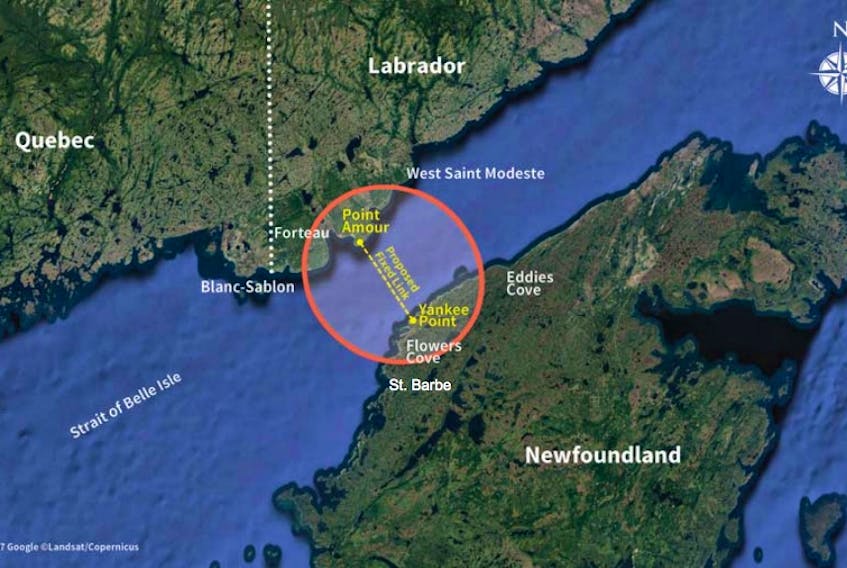 This map shows the location of a proposed tunnel connecting Labrador to the island of Newfoundland, from Point Amour to a site near Flower’s Cove.