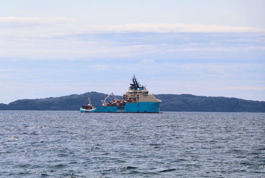 The Maersk Cutter, a local offshore supply ship, sits directly over the site of the sunken Manolis L in Notre Dame Bay during a technical assessment of the wreck in the summer of 2016.