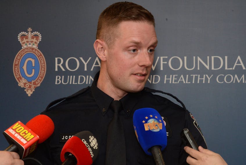 Const. James Cadigan speaks to reporters Monday at RNC headquarters in St. John’s.
