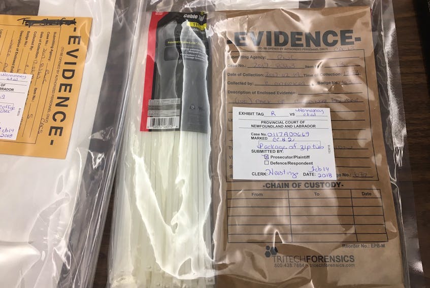 Cable ties in evidence bags at the home invasion trial at provincial court in St. John’s on Wednesday.