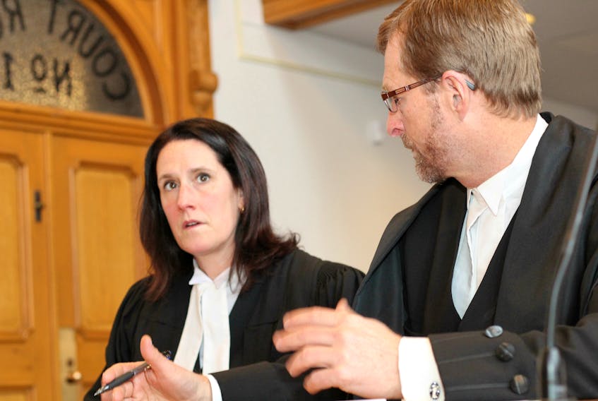 Anne Norris is represented by lawyers Rosellen Sullivan and Jerome Kennedy, shown here at the start of jury selection proceedings in Newfoundland and Labrador Supreme Court in St. John’s Monday.