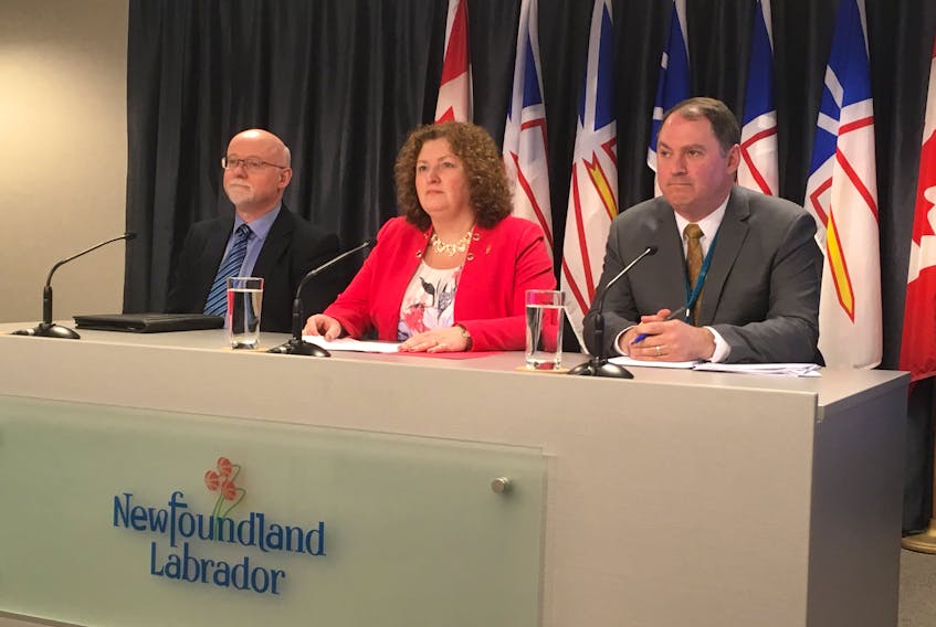 Service NL Minister Sherry Gambin Walsh (centre), deputy minister Sean Dutton (right) and assistant deputy minister for regulatory affairs Julian McCarthy take questions on a new bill proposing a collection of changes to the Residential Tenancies Act.