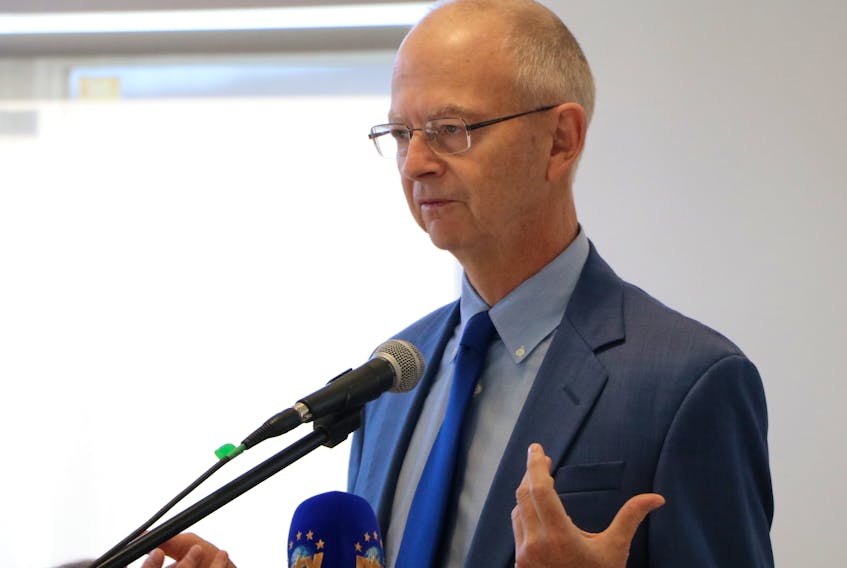 Progressive Conservative Leader Ches Crosbie speaks at an event organized by Seniors Against Insurance Cap, an umbrella group of 15 seniors’ organizations around the province.
