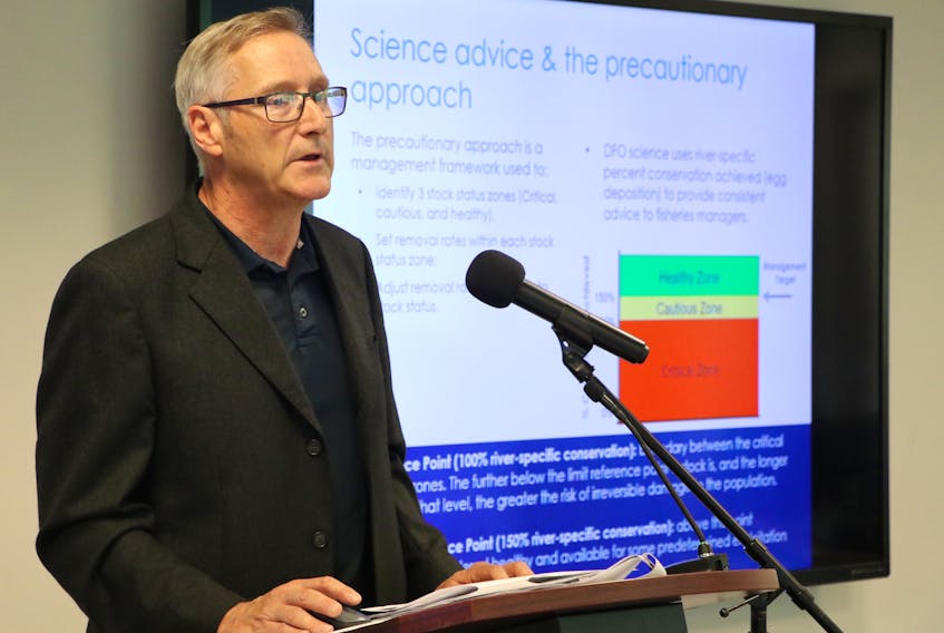 Department of Fisheries and Oceans research scientist Geoff Veinott briefs members of the media Wednesday on the results of an in-season stock status report for Atlantic salmon rivers on the island part of the province.