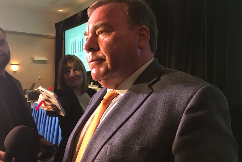 Nalcor Energy president and CEO Stan Marshall takes questions from reporters Thursday at the Crown corporation’s annual general meeting at the Holiday Inn on MacDonald Drive in St. John’s.