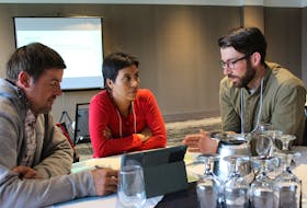 These Neighbourhood Summit attendees were focused on contributing ideas to a bicycle network design for St. John’s. From left to right: Ryan Painter, Angela Viviana Ramirez Luna, and Bruce Knox.