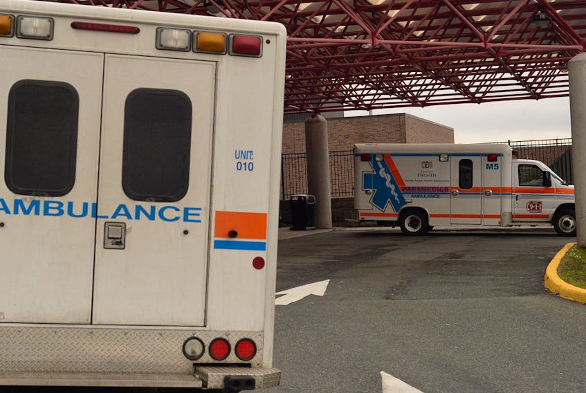 Ambulances park outside the Emergency Entrance at the Health Sciences Complex in St. John's.