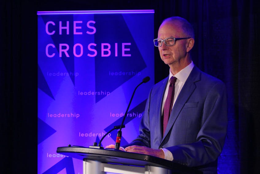 Ches Crosbie speaks to supporters and reporters at his campaign launch Tuesday, where he officially announced he is running for the Progressive Conservative party leadership. He also revealed that 24 years ago he was convicted of refusing the breathalyzer while drinking and driving.