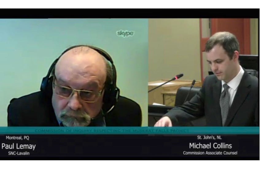 SNC-Lavalin lead estimator Paul Lemay (left) responds to questions from Inquiry associate counsel Michael Collins on Thursday. Lemay continued his testimony Friday. He appeared by Skype from Montreal.