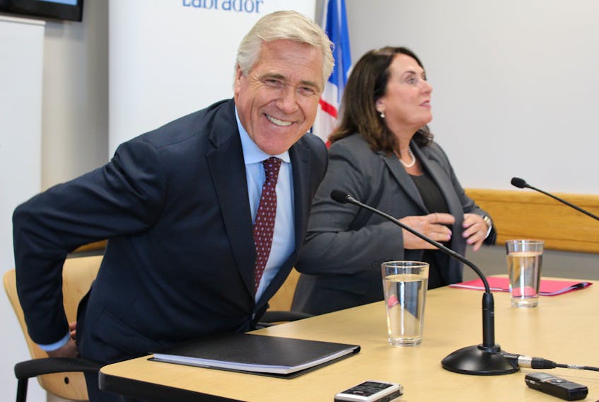 Premier Dwight Ball and Natural Resources Minister Siobhan Coady at a news conference Wednesday at the Confederation Building.