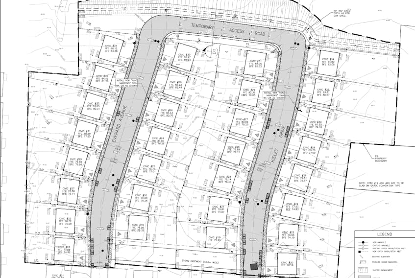 The layout of the proposed subdivision by John Bidgood in the Goulds area of St. John’s. Bidgood is selling building lots for people who want to design and build their own home. Bidgood says he also has spent extra money to construct double catch basins and a large detention tank to alleviate any water runoff concerns.