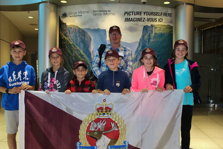 Students from Beatrix Potter Primary School in London, England, are visiting Newfoundland and Labrador this week to learn more about the Royal Newfoundland Regiment soldiers who are buried in the military cemetery next to their school. Arriving in St. John’s Tuesday evening were (front row from left) George Overy, Sophia Anderson, Sasha Cellino, Oscar Heard, Alice Goldberg, Zoe Spenceley and their headteacher Steph Neale (back row).