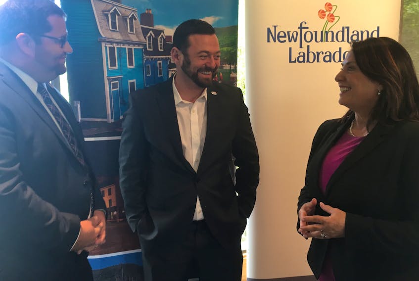 Virginia Waters-Pleasantville MHA Bernard Davis (left), City of St. John’s Coun. Jamie Korab, and provincial Natural Resources Minister Siobhan Coady chat following the announcement of new municipal water and wastewater infrastructure funding in St. John’s Friday.