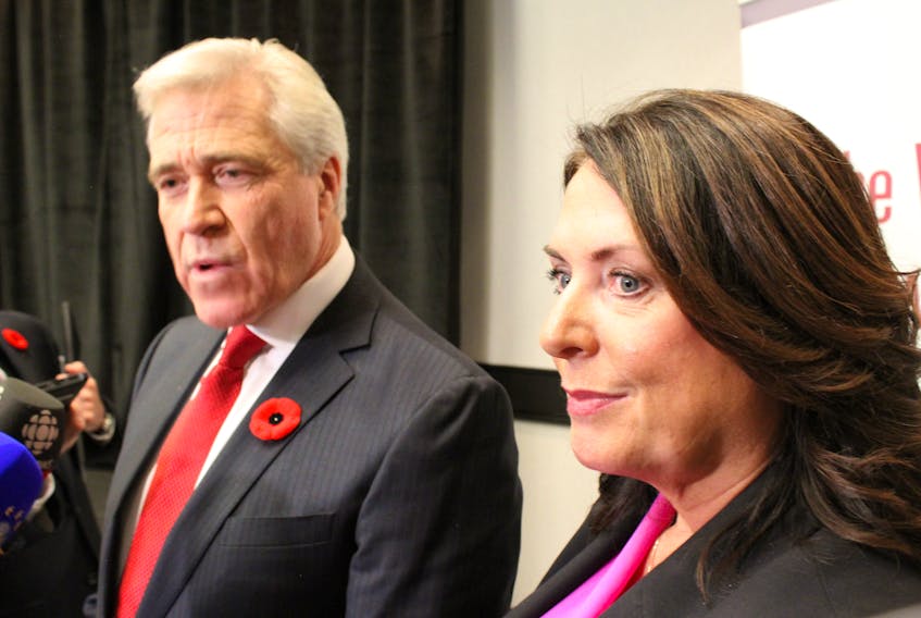 Newfoundland and Labrador Premier Dwight Ball and Natural Resources Minister Siobhan Coady speak to reporters in St. John’s Friday after the Supreme Court of Canada ruled against reopening the 1969 Churchill Falls power contract with Quebec.