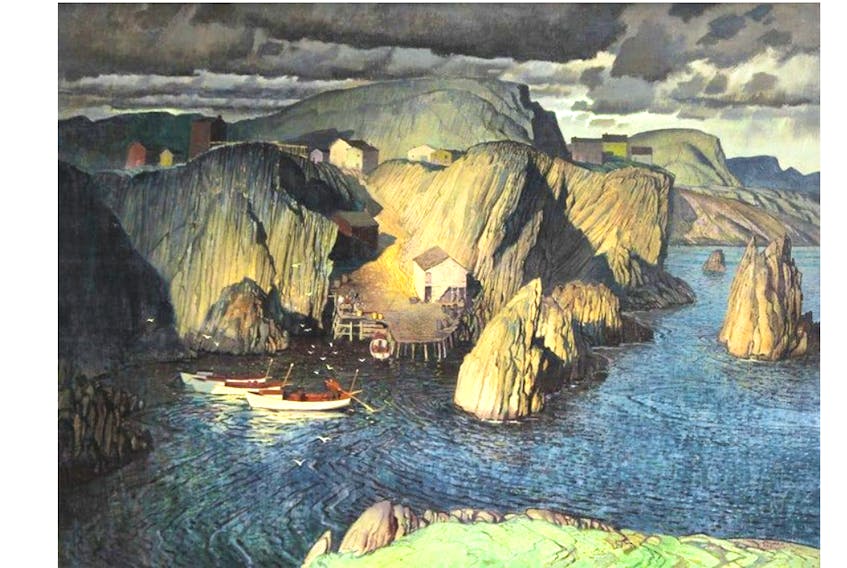 “True Lovers Leap, Newfoundland,” painted by the late Franklin Arbuckle of Toronto, sold for $30,680 — five times more than the opening bid of $6,000 in an online auction held by Cowley Abbott auctioneers. Residents of the Port de Grave Peninsula know the story that inspired the painting.