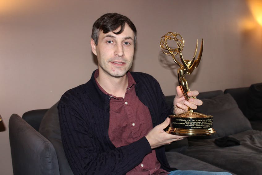 Independent software developer Jon Sutherland was part of a team that earned the 2018 Engineering Emmy Award for his work on the Artemis Prime Directors Viewfinder app. He received the Emmy statue recently and shows it off while explaining what the app does, at his home in St. John’s Tuesday.
