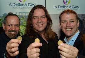 From left, businessman Brendan Paddick, musician Alan Doyle and Dr. Andrew Furey at the launch of their A Dollar A Day organization Tuesday at The Rooms in St. John’s.