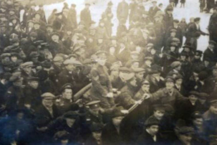 An old photo shows Sgt. Tommy Ricketts sitting on a sleigh and surrounded by a crowd after coming ashore from the SS Corsican 100 years ago. The photo can be located on the website of the International Encyclopedia of the First World War and can also be credited to the Johnson Family Foundation in St. John's.