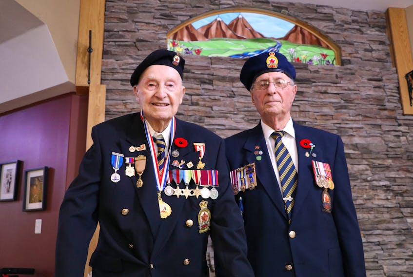 Merchant Navy Second World War veteran Charles Moores (left) is 101 years of age. He is pictured with fellow Meadow Creek Retirement Centre resident Irving Wareham Friday morning prior to attending a Remembrance service being held at the retirement centre in Paradise.