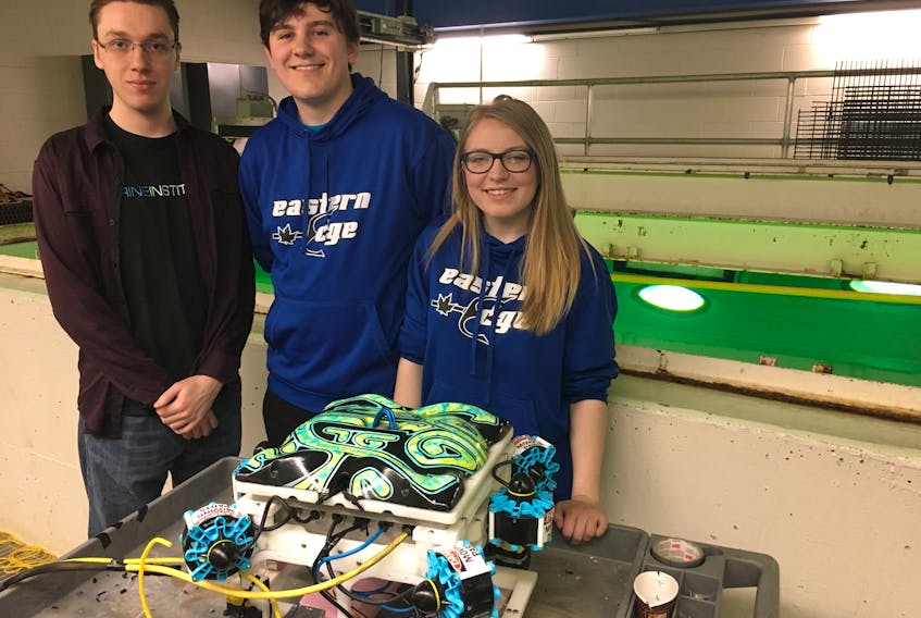 The Eastern Edge Robotics team, consisting of 20 students from Memorial University and the Marine Institute, are in Washington state for the start of the 2018 Marine Advanced Technology Education international ROV competition. Shown are team members (from left) Christian Samson, Stephen Chislett and Michaela Barnes with their remotely operated vehicle Florizel, or Flo for short.