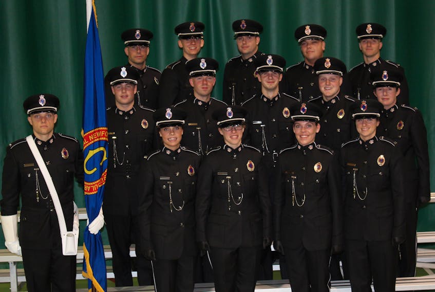 The new RNC constables. Back row (l-r): Peter Baird, Nicholas Hynes, Keith Norman, Kurt Etchegary, Anthony Tucker. Middle row (l-r): Colin Dunphy, Nicholas Small, Kyle Fowler, Andrew Snow, Karla Walsh. Front row (l-r): Stephen Gillard, Meghan Carey, Jessica Cole, Jessica Woodfine, Tiffany Wall.