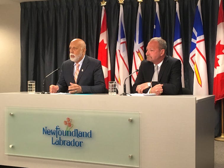 Education Minister Al Hawkins (left) announces the government’s plan to make a change to the Schools Act, during a news conference at the Confederation Building on Tuesday. Hawkins was joined by deputy minister Bob Gardiner. — Ashley Fitzpatrick/The Telegram