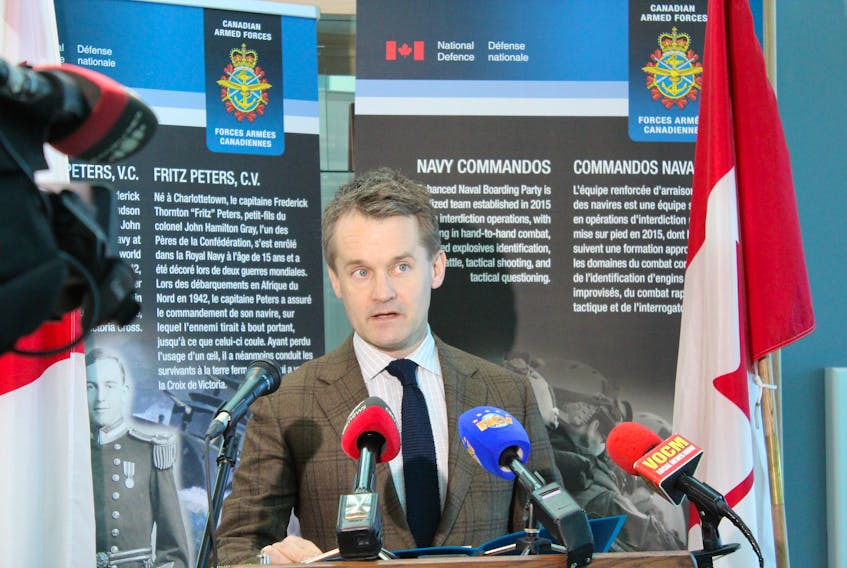 Seamus O’Regan, minister of Veterans Affairs and associate minister of National Defence, speaks Friday at a news conference at the Lt.-Cmdr. W. Anthony Paddon Building on Canadian Forces Base St. John’s.