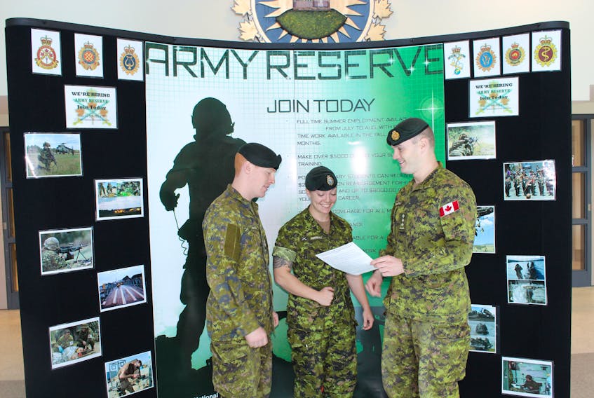 Discussing the details of what will take place during the open house are recruiting officer Capt. Kyle Spracklin (right) with Master Cpl. Jeremy Budgell (part-time file manager, detachment St. John’s) and Cpl. Caroline Turnbull (full-time file manager, detachment St. John’s).