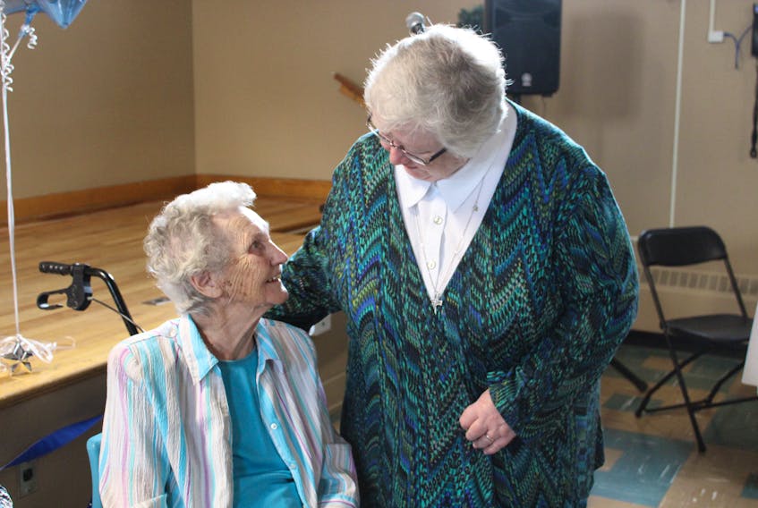 Sister Elizabeth Davis, the congregational lead of the Sisters of Mercy, chats with St. Patrick’s Mercy Home resident Maisie Murphy during a 60th anniversary dessert party honouring the Sisters of Mercy at the home on Wednesday, just one of a host of events held since January to mark the remarkable history of St. Pat’s.