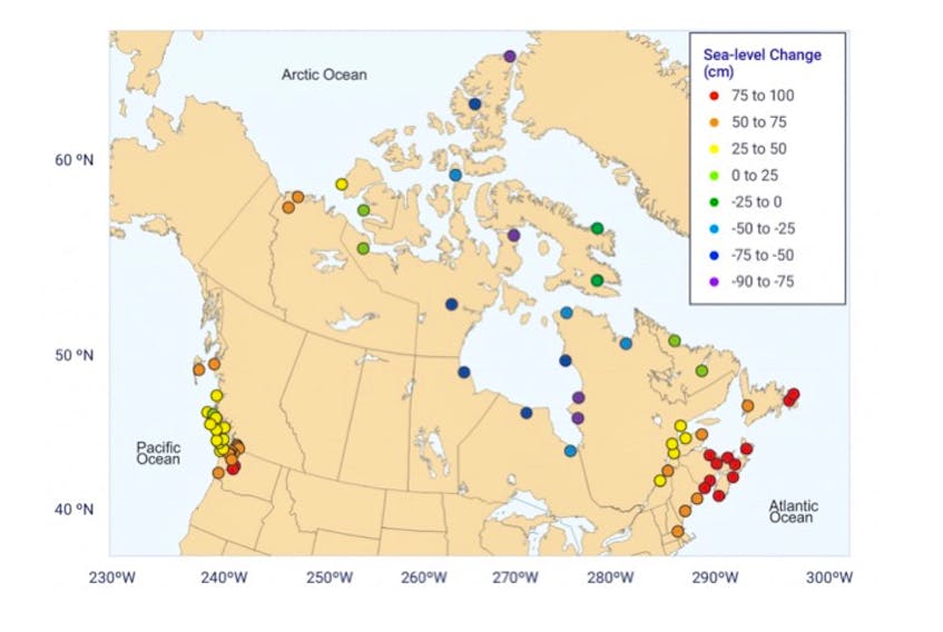 An illustration included in Canada’s Changing Climate Report, released Tuesday, which shows projected relative sea level changes in the year 2100 for a high emission scenario at 69 coastal locations in Canada and the northern United States.