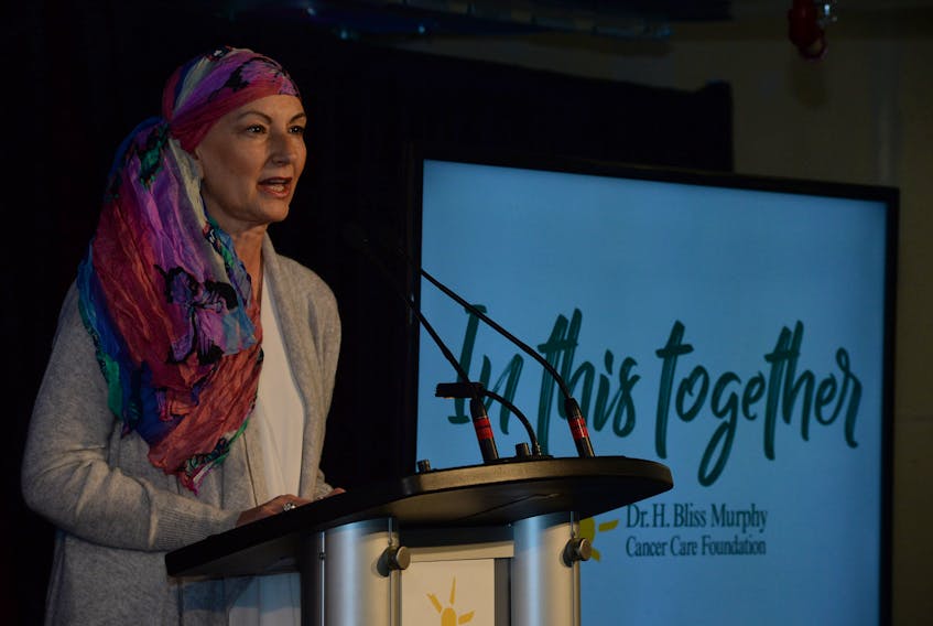 Cancer patient 54-year-old Juanita Dinn of St. John’s speajs of her cancer ordeal at the launch of the Dr. H. Bliss Murphy Cancer Care Foundation “In This Together” capital campaign last Thursday.