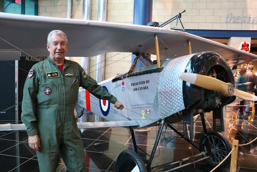 Larry Ricker was one of the volunteer pilots to fly a commemorative flight over the Vimy Ridge Memorial in France last April 9 in First World War replica planes, such as this Nieuport II French single seater — named after his wife, Lucie — on display at The Rooms in St. John’s Thursday.