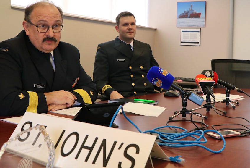 The Canadian Coast Guard’s Wade Spurrell (left), assistant commissioner for the Atlantic region, and Trevor Hodgson, icebreaking superintendent for the Atlantic region, detail ice conditions around Newfoundland and Labrador this spring and current icebreaking operations for members of the media Wednesday in St. John’s.