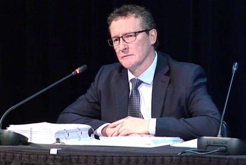 Former minister of Natural Resources Derrick Dalley testifies at the Muskrat Falls Inquiry on Feb. 27, 2019.