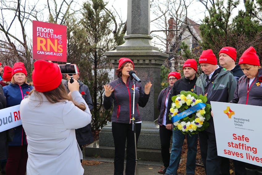 Registered Nurses’ Union (RNU) president Debbie Forward speaks at a rally in downtown St. John’s Wednesday.