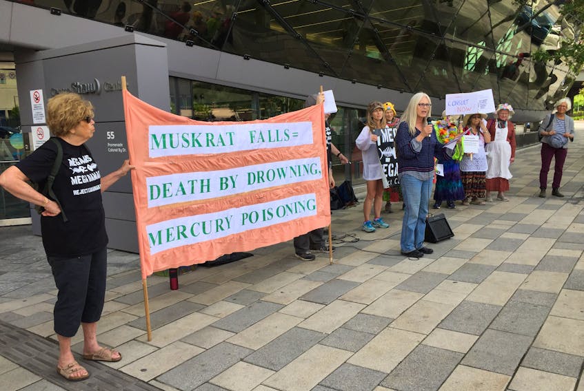 Muskrat Falls protesters rally outside the International Commission on Large Dams in Ottawa on Monday. They called for federal intervention in the Muskrat Falls hydroelectric project and the associated release of methylmercury into the surrounding ecosystem.