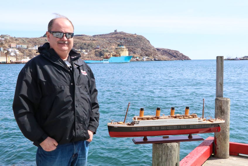 Larry Daley, shown in St. John’s with a model of the Titanic, has been tasked to help out with land-based logistics for a planned summer expedition to the Titanic wreck site by OceanGate Inc.