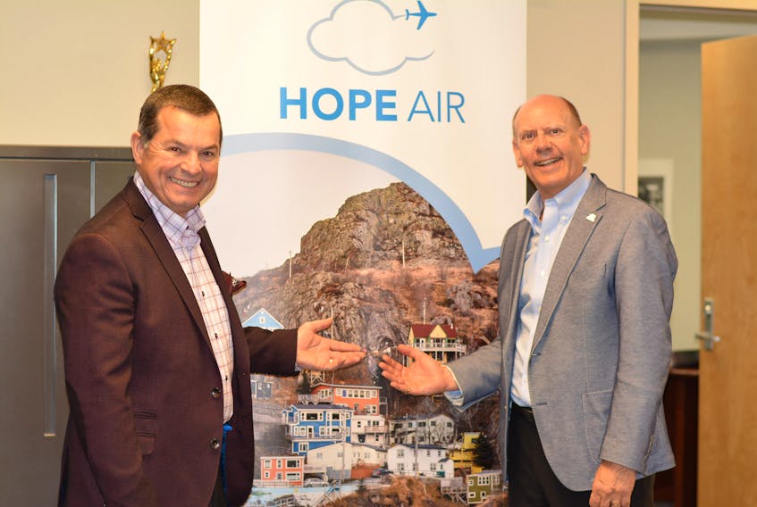 Jim Burton (left), chairman of Hope Air’s advisory council for Atlantic Canada, and national chief executive officer Doug Keller-Hobson said this morning’s breakfast fundraiser will provide free flights to 60 people from this province needing to travel away from home for necessary medical appointments.