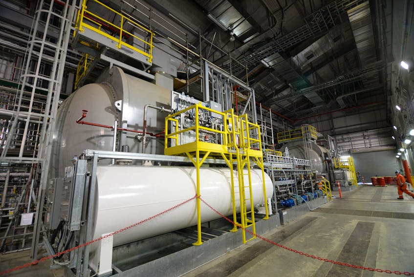 Some of the massive power supply machinery shown inside the synchronous condensor building at the Nalcor Energy site at Soldiers Pond.