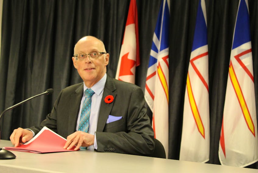 Health Minister John Haggie speaks at a news conference Monday at the Confederation Building.