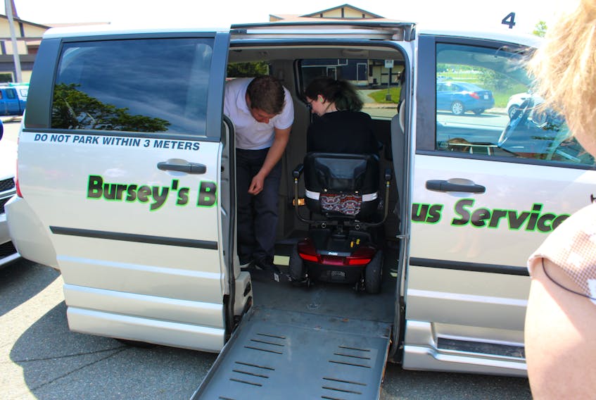 Evan Bursey and Karen Davis demonstrate use of an accessible taxi.