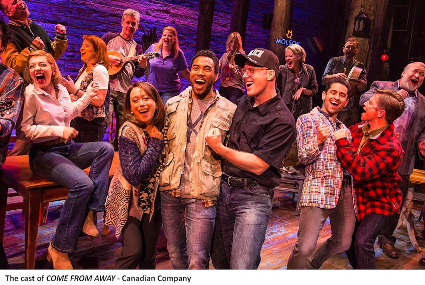 The Canadian cast of “Come From Away,” which recently opened in Winnipeg. Newfoundlander Greg Hawco, who plays percussion in the show, is in the back holding the bodhran.