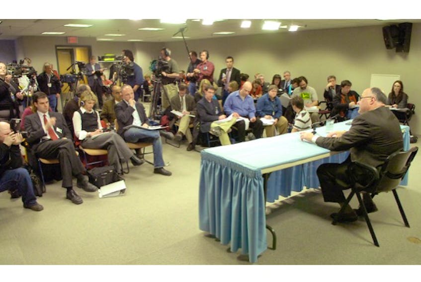 Reporters gather at Confederation Building for the release of the Cameron Report in 2009.
