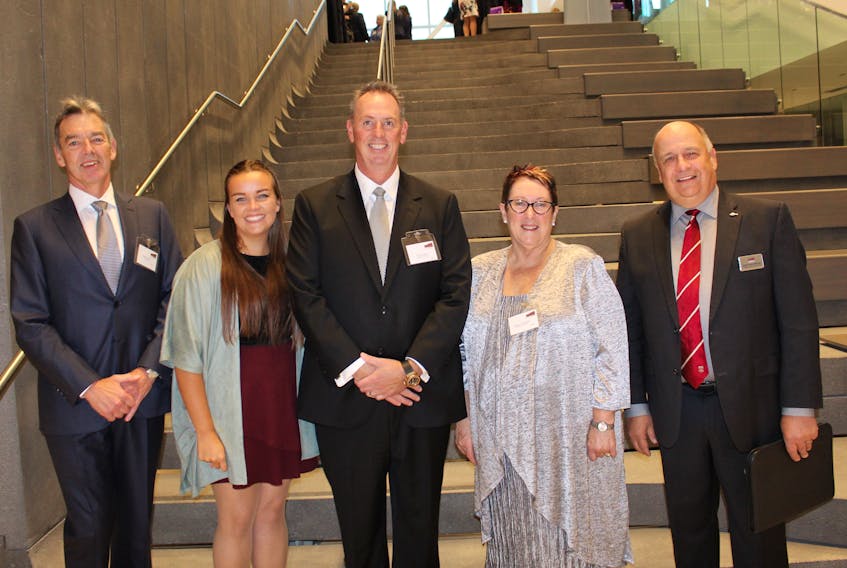 From left, Fred Cahill, Bethany Downer, Paul Antle, Sharron Callahan and Gary Kachanoski, Memorial University president and host of the awards ceremony.